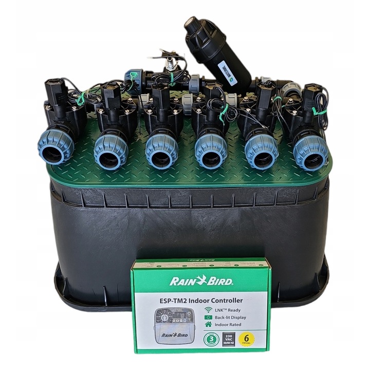 Комплект за напояване, Rain Bird, 6 секции, колектор с филтър, контролер TM2, за PE тръба 20 мм