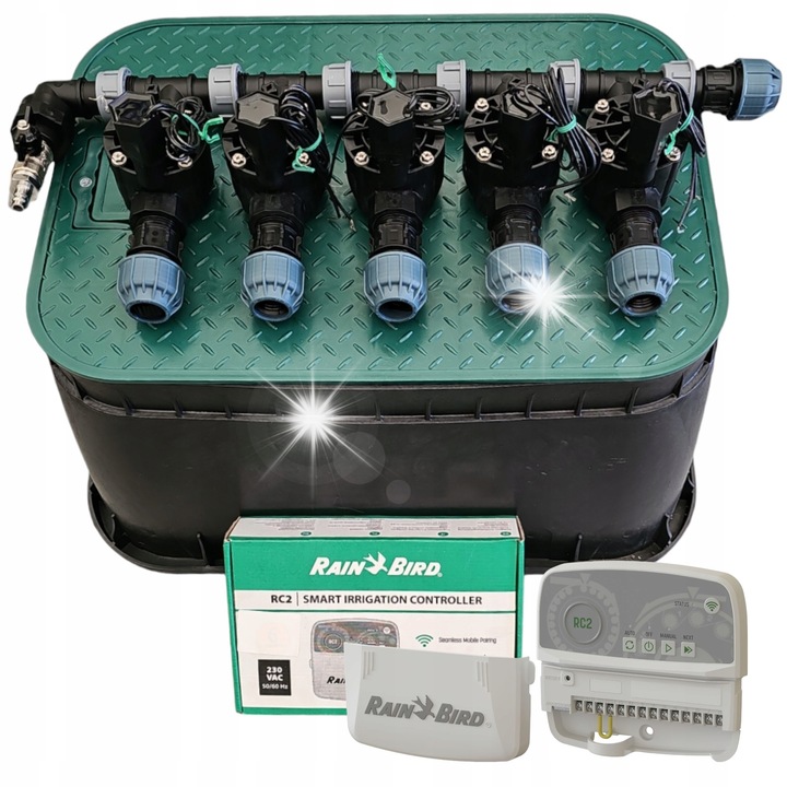 Комплект за напояване, Rain Bird HV, 5 секции, контролер RC2 с WiFi, колектор с електромагнитни клапани HV 100, 20 мм