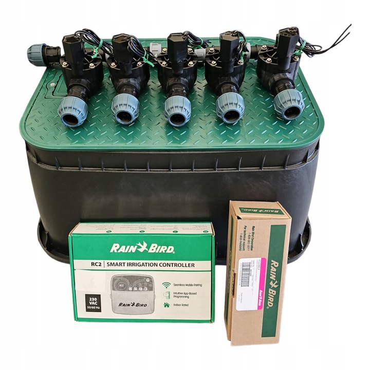 Комплект за напояване, Rain Bird, 5 секции, контролер RC2 с WiFi, сензор за дъжд RSD-BEX, PE тръба 32мм
