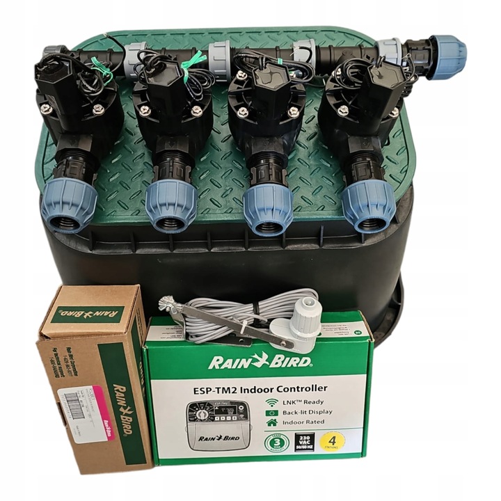 Комплект за напояване, Rain Bird, 4 секции с колектор, контролер TM2, сензор за дъжд RSDBEX, PE 20