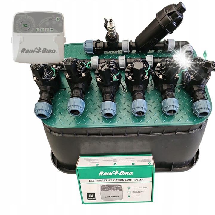 Комплект за напояване, Rain Bird, 6 секции, колектор с филтър, контролер RC2 WiFi, за PE тръба 25