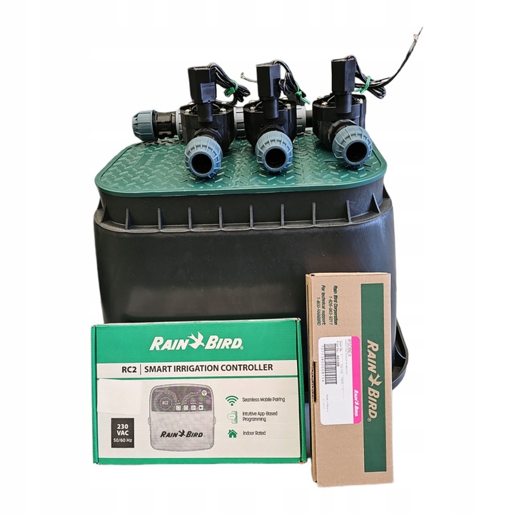 Комплект за напояване, Rain Bird, 3 секции с контролер RC2, сензор за дъжд, кутия за електромагнитни клапани, 32 мм