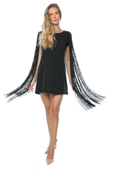 Rochie scurta cu franjuri, Muse Mark, Vascoza, Negru, Negru