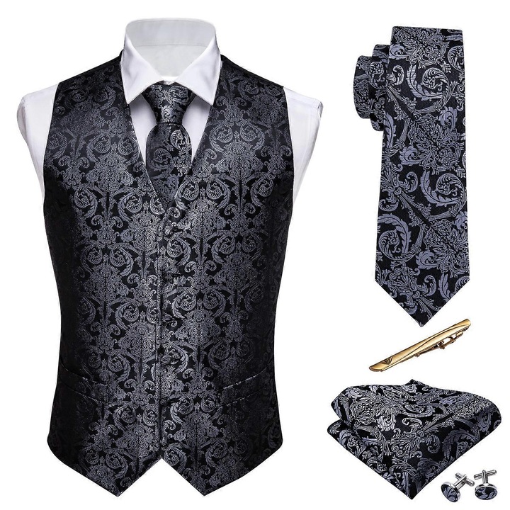 Set vest, cravata si butoni Barry Wang, matase, 16 culori, fara maneci, dimensiune US L