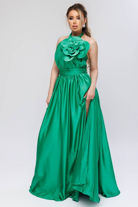 Rochie lunga verde din satin cu brosa, S