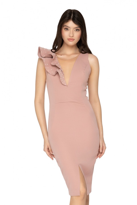 Rochie trei sferturi roz prafuit cu perle, Rn 2457rzp