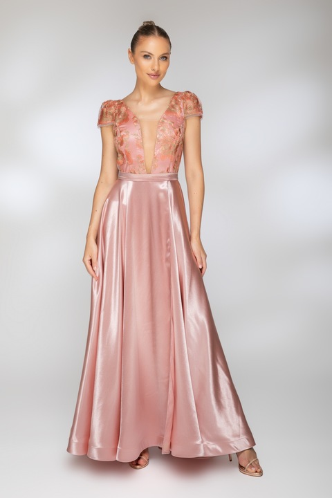 Дълга розова рокля с дантела сьомга на бюста, Rn 3156-mix5