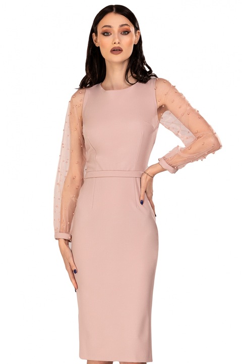 Rochie trei sferturi rose cu maneci din tull, Rn 3191