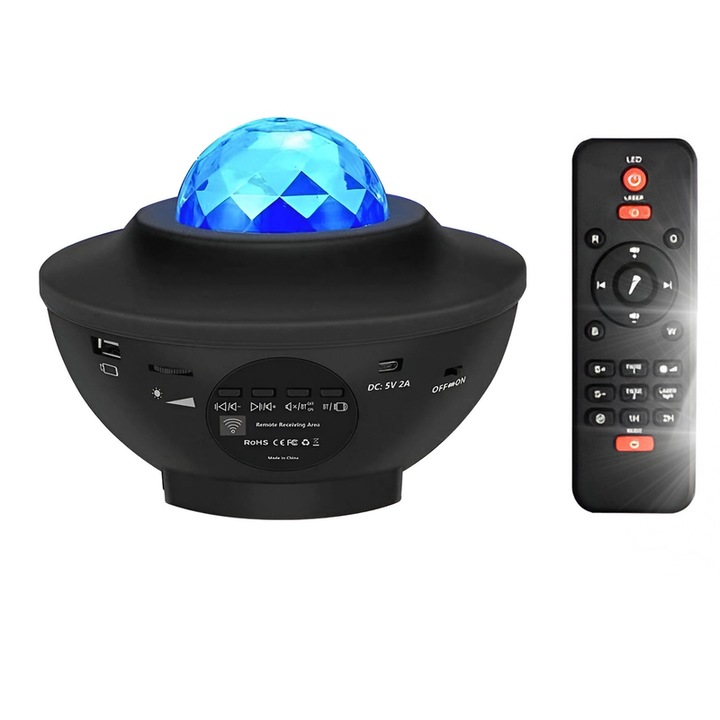 Proiector de stele LED cu Bluetooth, 360°, set cu telecomanda, negru