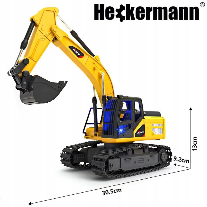 Багер с дистанционно управление Heckermann, 9,2x30,5x13 см, 2 батерии, звукови ефекти и LED светлини