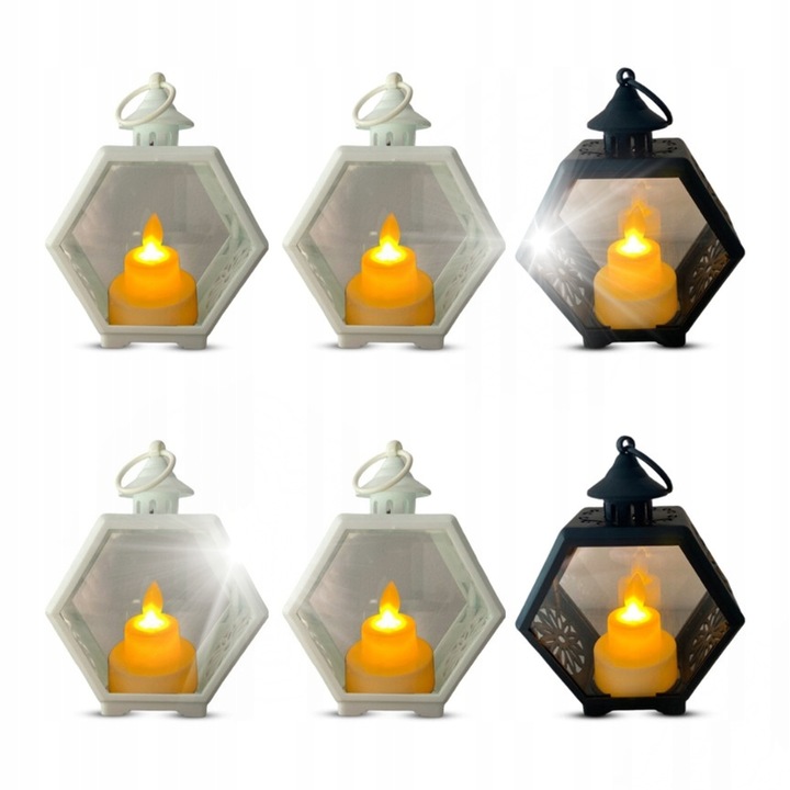 Dekoratív függő lámpa LED gyertyákkal, 11,5x14,5cm, 6 darabos szett, fekete-fehér