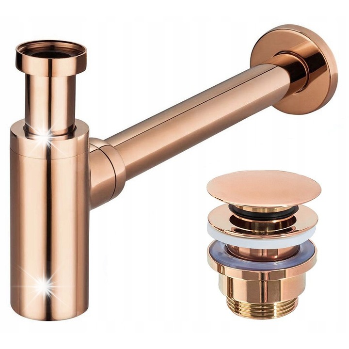 Сифон и батерия за мивка с клик-клак капачка, Rea, розово злато, месинг
