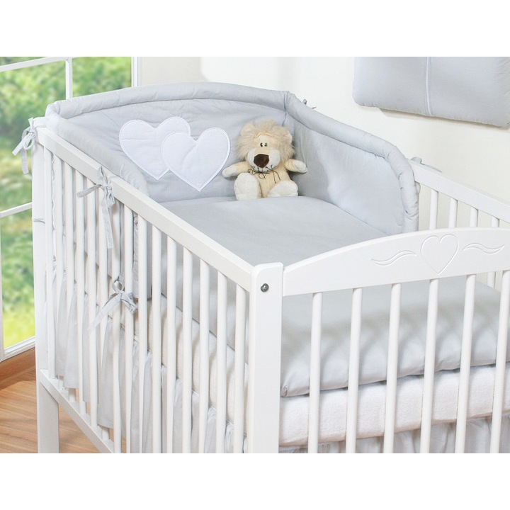 Lenjerie 3 piese Bobono, aplicatii serdute, 100% bumbac, gri, 120x90cm