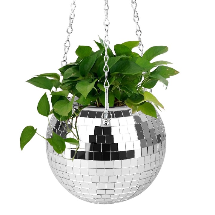 Ghiveci suspendat cu oglinda, decor boho, 4 dimensiuni disponibile, argintiu, 10x10x8cm, 15x15x13cm, 20x20x17cm, 25x25x18cm