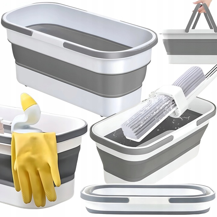 Galeata pliabila din silicon 25L, gri-alb, cu rotite, pentru curatenie si camping