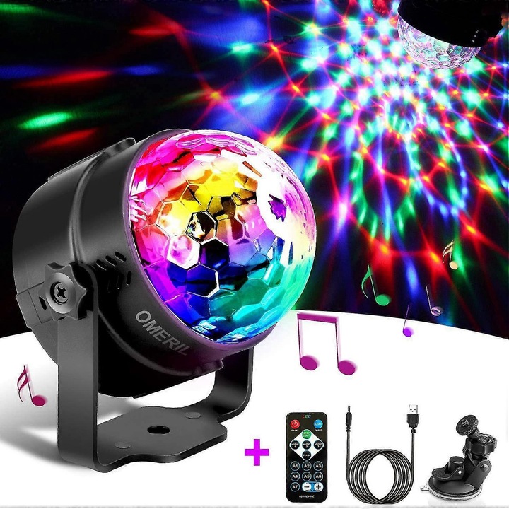 Omeril LED diszkólámpa, zenevezérelt effektek, 7 szín, USB kábellel, 360°-ban forgatható