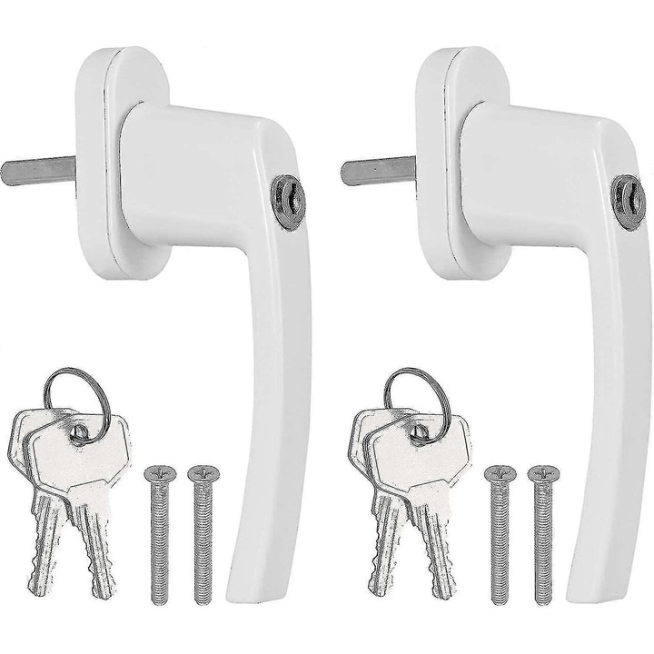 Maner de fereastra din aluminiu, set 2 buc, alb, cu incuietoare, lungime pin 35 mm, instalare usoara