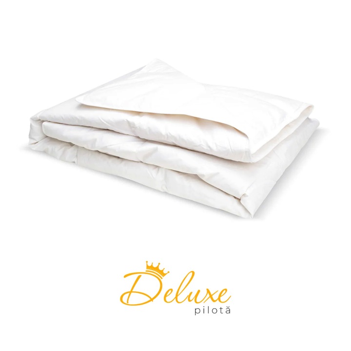 Pilota Prestige Home Deluxe, 4 anotimpuri, 140x200 cm, umplutura puf si pene de gasca, husa 100% bumbac, Alb