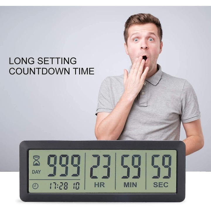 Digitális visszaszámláló óra, 999 nap, 12/24 óra, fekete, 156x57.5x13mm