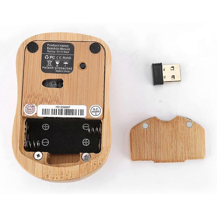 Vezeték nélküli bambusz egér, 2.4GHz, 1600 dpi, 3 gomb, laptophoz és asztali számítógéphez