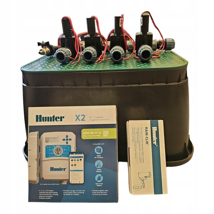 Комплект за напояване Hunter 4 секции с 4 електромагнитни клапана PGV, контролер X2, сензор за дъжд Rainclik, шахта Jumbo за електромагнитни клапани, 20мм