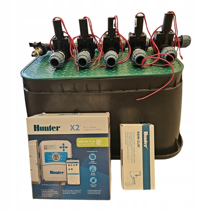 Комплект за напояване, Hunter, 5 секции с 5 електромагнитни клапана, контролер X2, сензор за дъжд Rainclik, за PE тръба 32мм