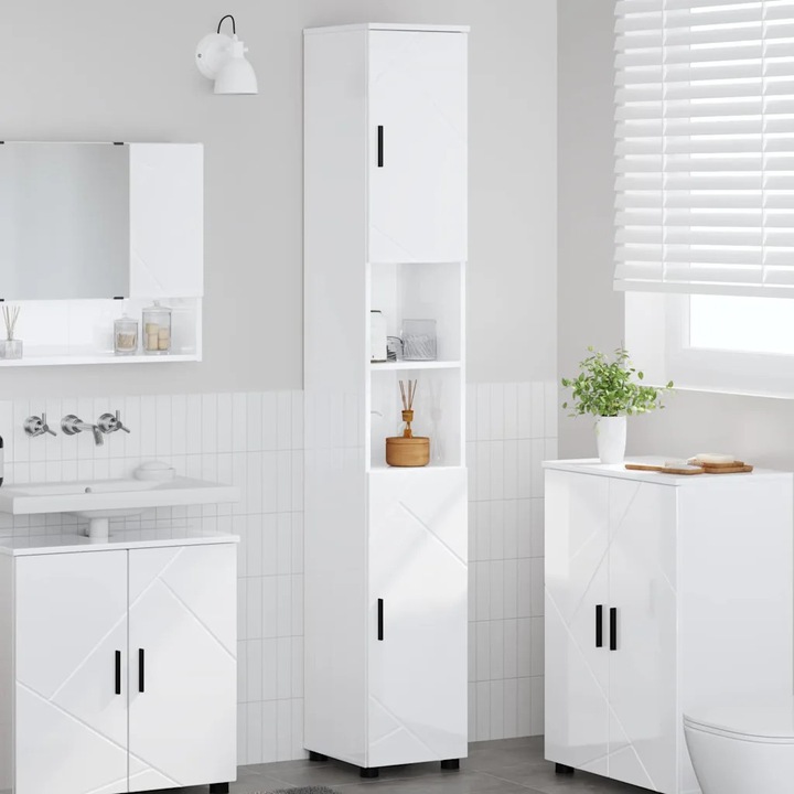 Sifonier inalt pentru baie VidaXL, alb lucios, cu usi, 60 kg, design modern, stabilitate ajustabila