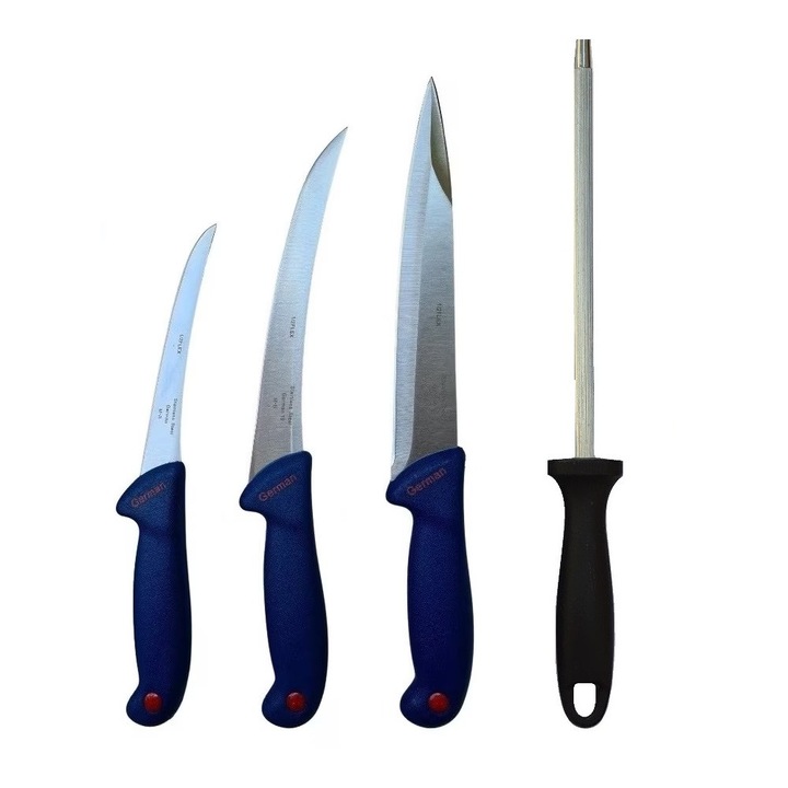 Set 3 Cutite Profesionale pentru Macelarie – Transat, Filetat, Taiere – Otel Inoxidabil, Maner Ergonomic din Plastic, Culoare Albastru si Masat Rotund 20 cm