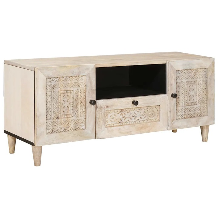 Comoda TV VidaXL, 105x33x46cm, lemn mango, alb, cu usi si sertare