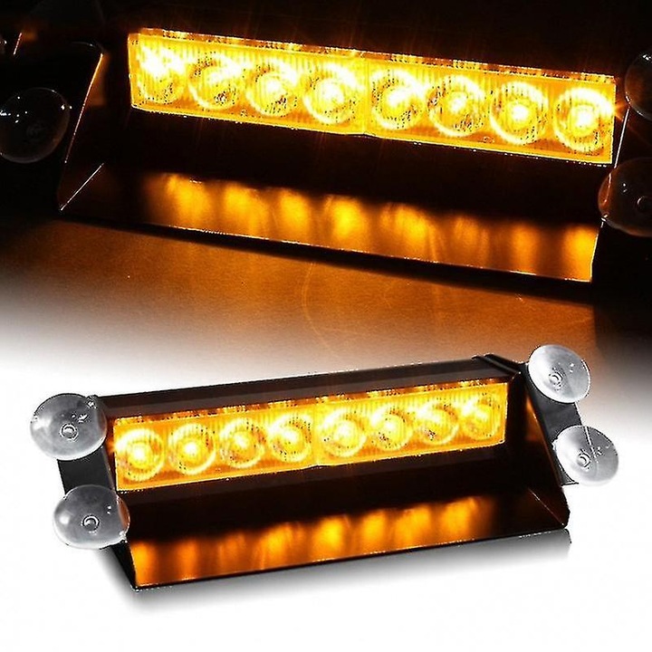 Bara de avertizare LED pentru parbriz, 8 LED-uri, 3 moduri de flash, galben, 24x10x5cm, set cu suport cu ventuze