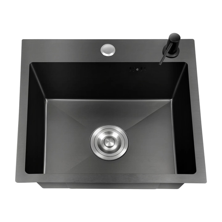 Chiuveta de bucatarie, Cuva simpla, Otel inoxidabil 201, 41 x 30, 5 cm, Cos de scurgere, Dozator sapun 150 ml, Protectie preaplin, Fara baterie, Negru