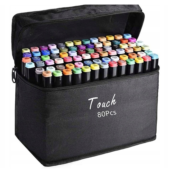 Set de markere Touch, 80 culori, doua capete, rezistente, cu etui