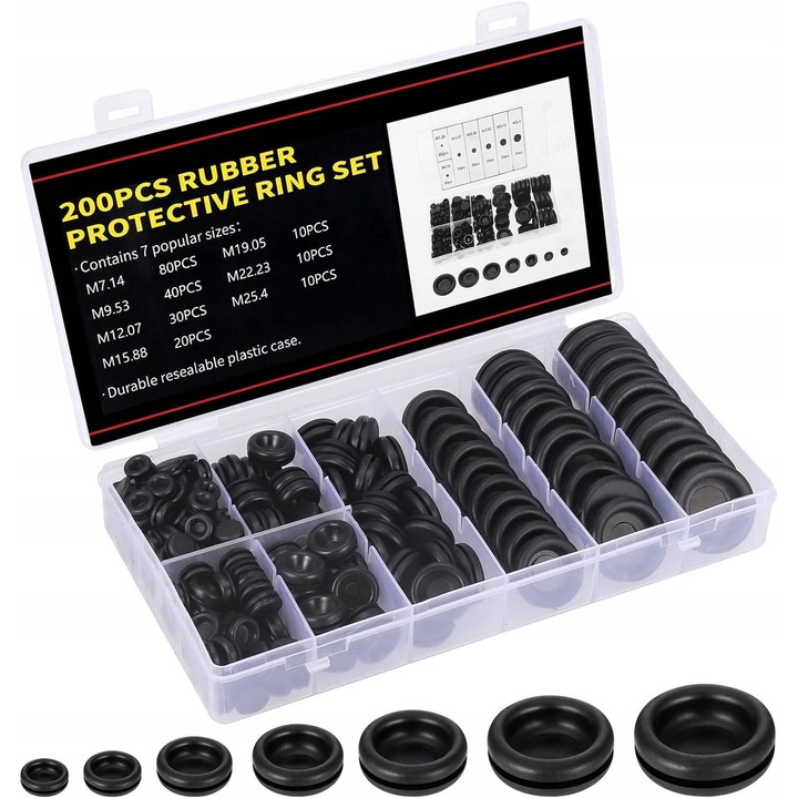 Set de 200 garnituri din cauciuc, 7mm-25mm, negru