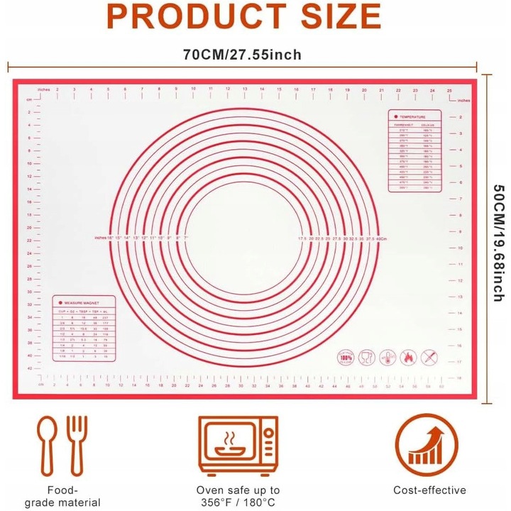 Szilikon sütőalátét, 70x50cm, újrafelhasználható, -40C-tól 250C-ig hőálló, csúszásmentes, BPA-mentes