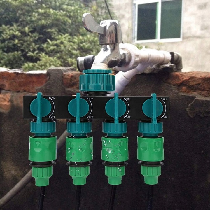 Distribuitor apa gradina 4 cai, rezistent la rugina si coroziune, cu 4 conectori, DN20/DN25, 1/4 inch