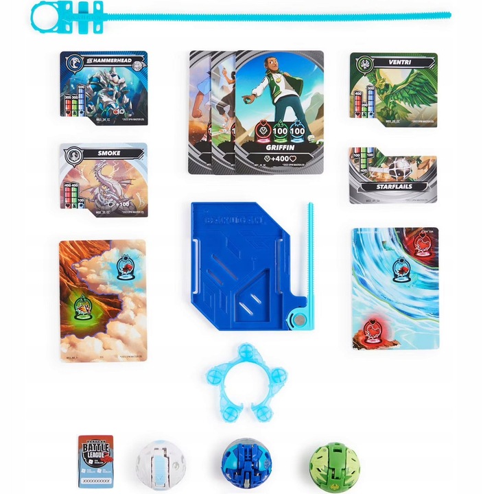 Set figurine Bakugan 3.0 Special Attack, Hammerhead albastru, Ventri verde, Smoke alb, 3x Karti Brawler, 3x Karti Postaci, 2x Karti Otvaria, cod Roblox
