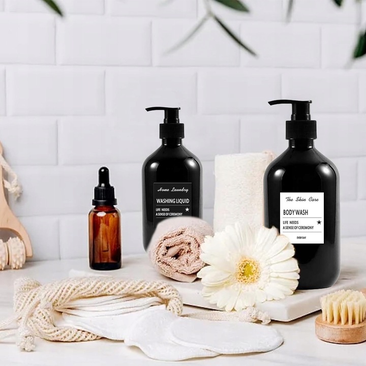 Szappanadagoló szett 4 flakon, 500ml, címkék, tölcsér, műanyag, fekete