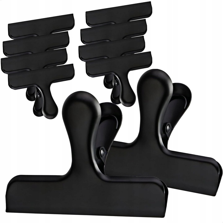 Set de 10 clipsuri din inox, pentru inchidere pungi alimentare, rezistente la coroziune, culoare neagra, dimensiuni 10x7cm, 7,5x6,5cm