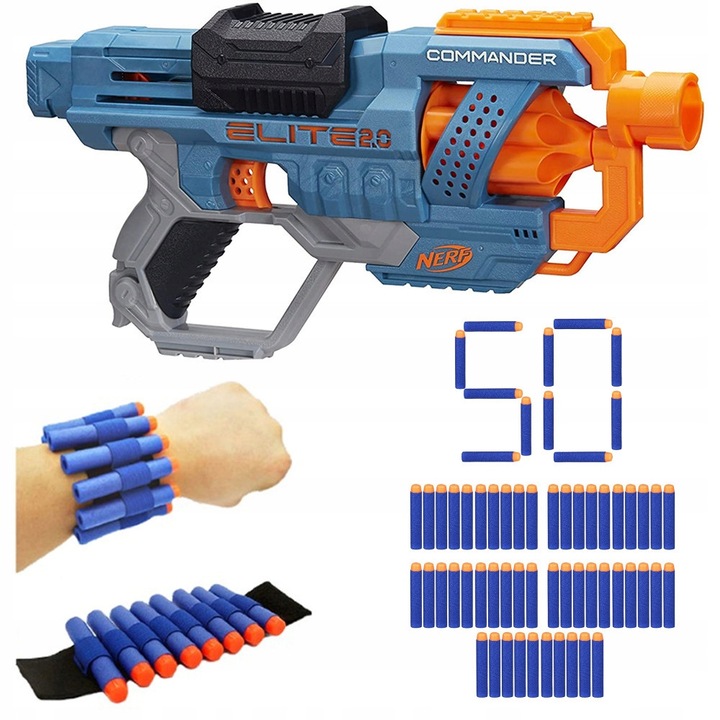 Nerf Elite 2.0 Commander RD-6 játékpisztoly, 12 nyíllal, 50 csere nyíllal, 27m hatótávolság, többszínű