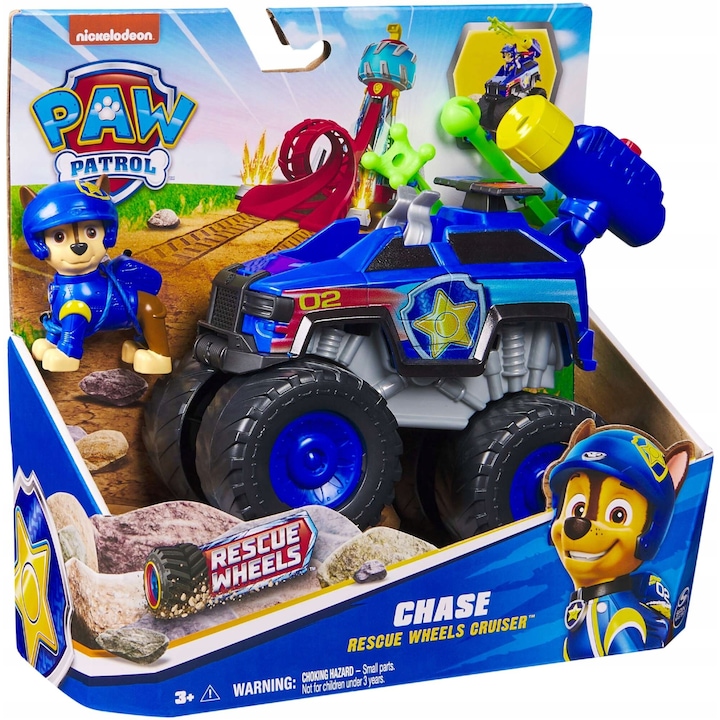 Masinuta Spin Master, Psi Patrol Rescue Wheels, vehicul teren cu figurina Chase, 19x17x9cm, albastru