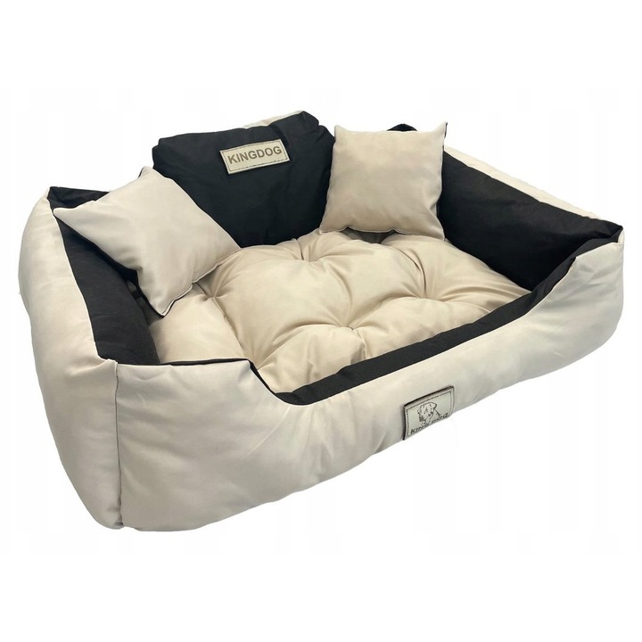 Culcus pentru caini KingDog, impermeabil, personalizat, 100x75cm, bej, cu 2 perne