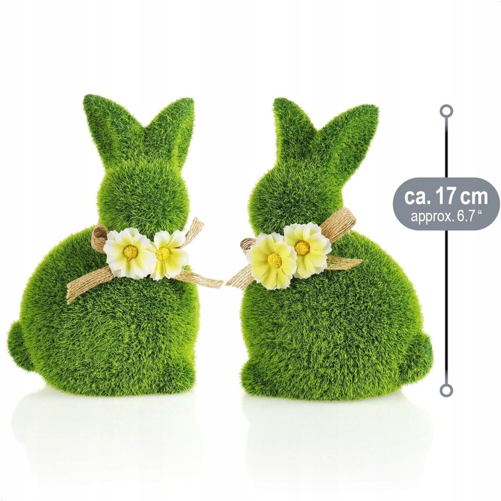 Set 2 Zajaci Decorativi de Paste, Ceramica, Iarba Artificiala, Verde, 17cm