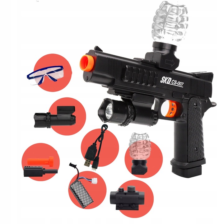 Pistol de jucarie CS-007, set complet, 1000 bile gel, 2 tevii, negru
