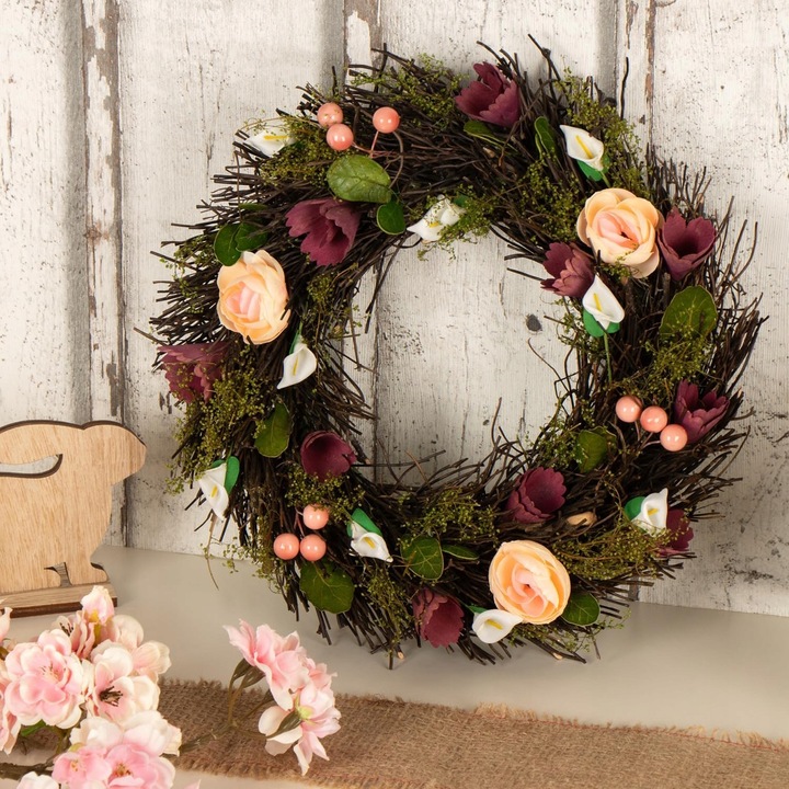 Wianek decorativ, 30cm, flori roz-violet, pentru usa, masa, perete, set 1 bucata