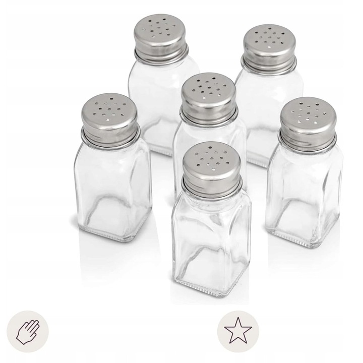 Set 6 solnite si piperite din sticla cu capace din otel inoxidabil, design elegant