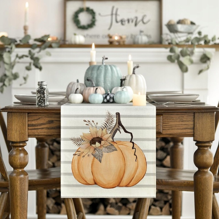 Napron de masa, 40x140cm, poliester, rezistent la temperaturi ridicate, pentru 2-4 persoane, model dovleac