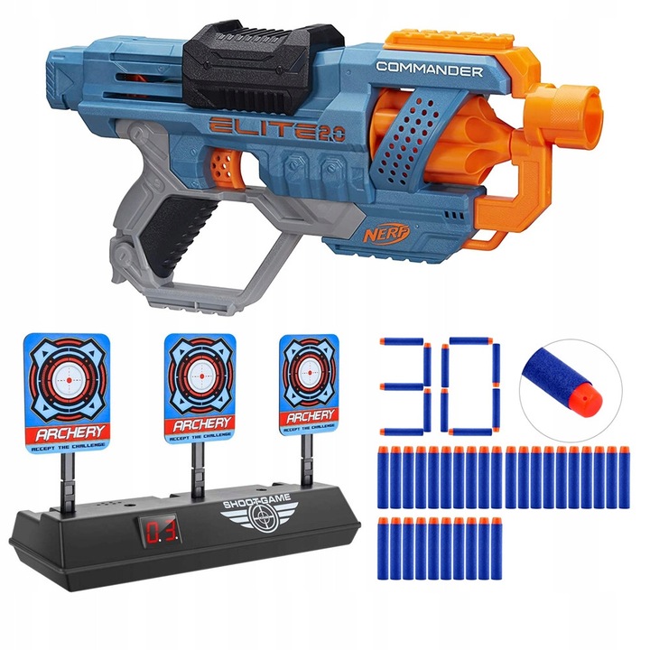 Пистолет Nerf Elite 2.0 Commander E9485, комплект с 42 стрелички, електронна мишена, 27м, капацитет на пълнителя 6 стрелички