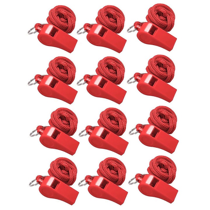 Set de 12 fluieruri colorate cu lanyard, sunet puternic, dimensiune compacta, 5x2.2x1.7cm