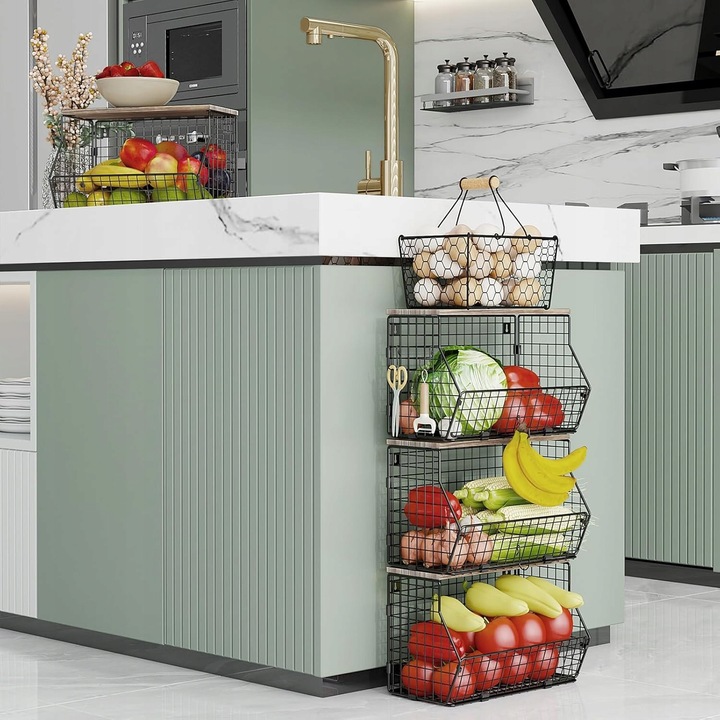 Cos de fructe si legume, WEKDUN, design multifunctional, metal, 40x30x20cm, capacitate 8kg, montare suspendata sau pe masa