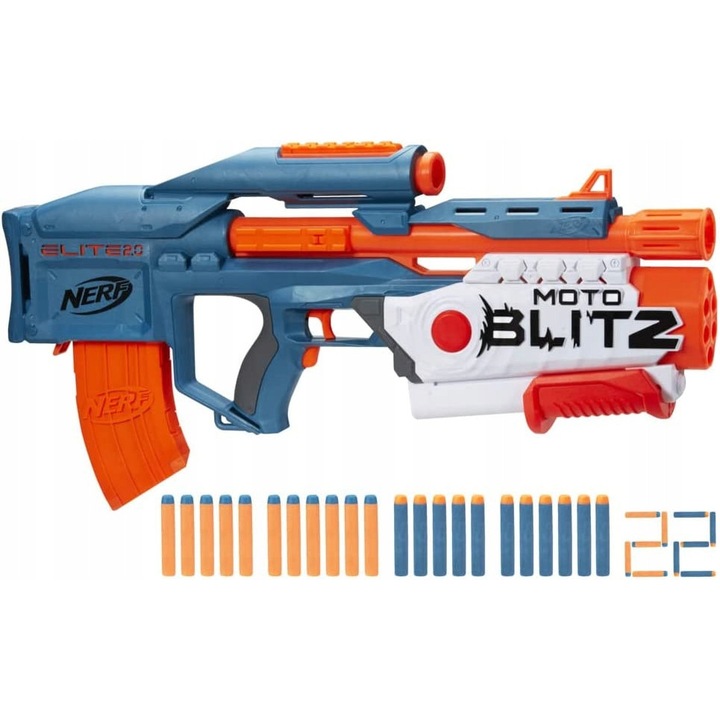 Пистолет Nerf Elite 2.0 MotoBlitz, комплект с 2 пълнителя, 30 стрели Waffle, 21м, 8+ години